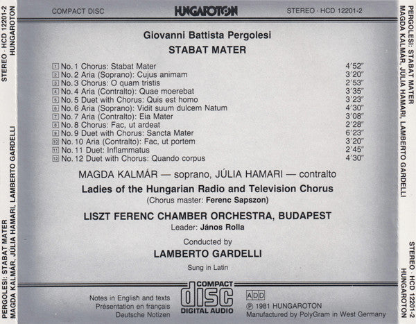 Giovanni Battista Pergolesi - Magda Kalmár, Julia Hamari, Lamberto Gardelli : Stabat Mater (CD, Album, RE, RP)