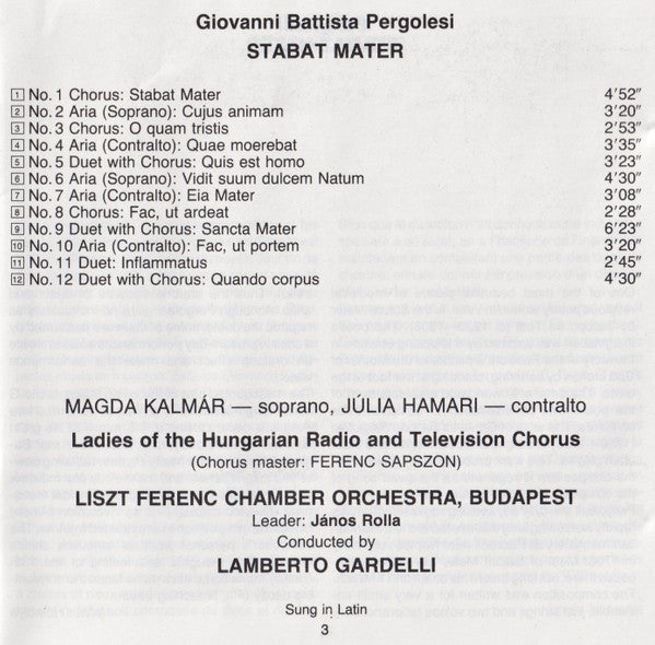 Giovanni Battista Pergolesi - Magda Kalmár, Julia Hamari, Lamberto Gardelli : Stabat Mater (CD, Album, RE, RP)