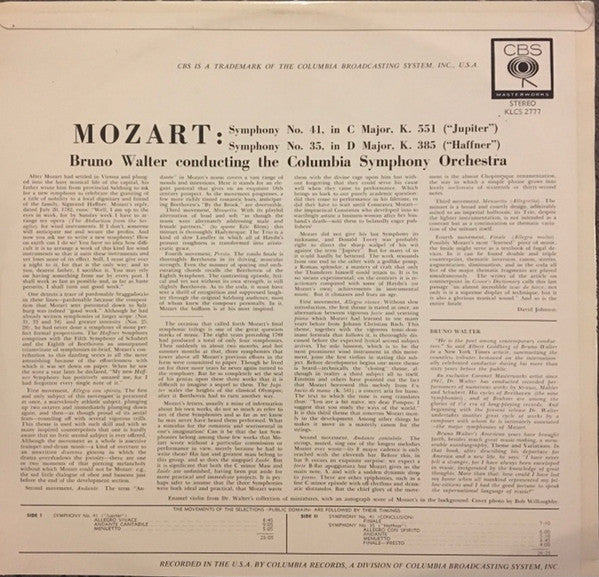 Wolfgang Amadeus Mozart / Bruno Walter, Columbia Symphony Orchestra : Symphony No.41,"Jupiter" / Symphony No.35,"Haffner" (LP)