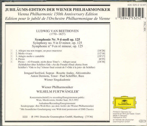 Wiener Philharmoniker, Wilhelm Furtwängler – 1953 – Ludwig van Beethoven : Symphonie No. 9 (CD, Mono, RM)