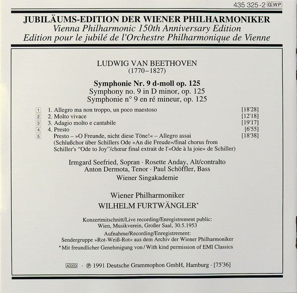Wiener Philharmoniker, Wilhelm Furtwängler – 1953 – Ludwig van Beethoven : Symphonie No. 9 (CD, Mono, RM)