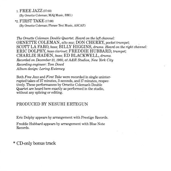 The Ornette Coleman Double Quartet : Free Jazz (CD, Album, RE)