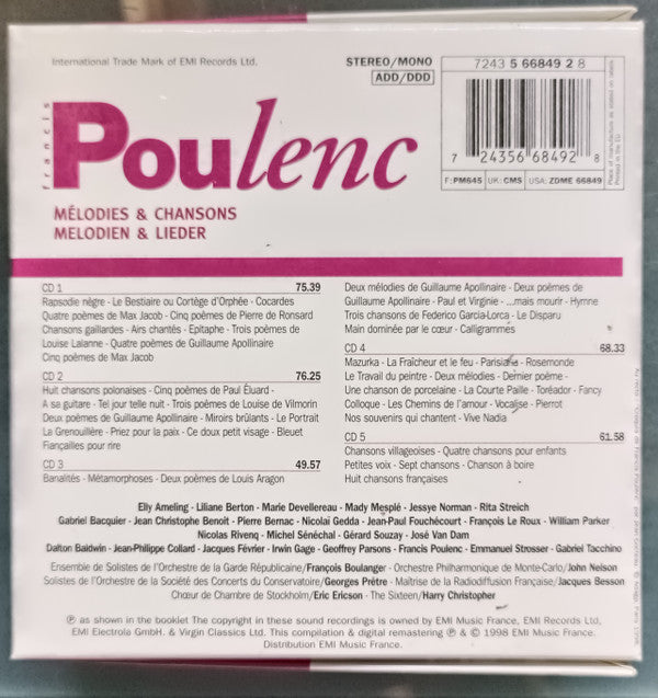 Francis Poulenc : Edition Du Centenaire: Melodies & Chansons 1899 - 1963 (5xCD, Comp, Mono, ADD + Box)