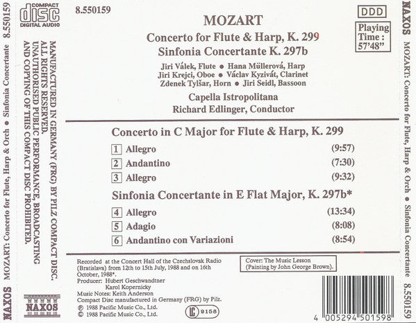 Mozart* - Capella Istropolitana, Richard Edlinger : Concerto For Flute & Harp, K. 299 / Sinfonia Concertante K. 297b (CD)