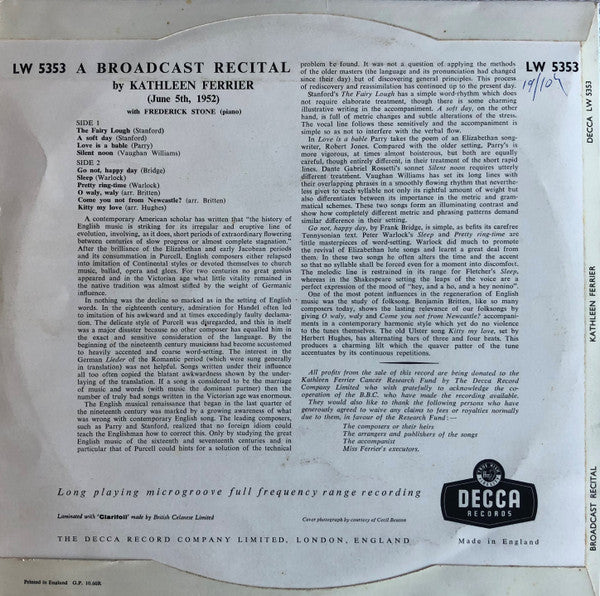 Kathleen Ferrier : A Broadcast Recital (10")