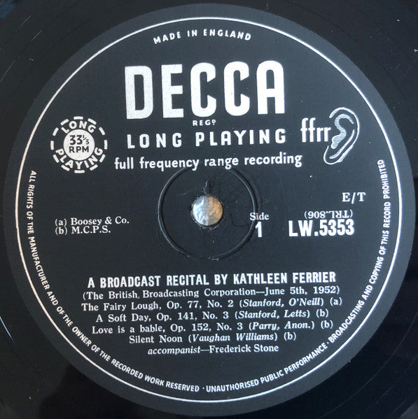 Kathleen Ferrier : A Broadcast Recital (10")