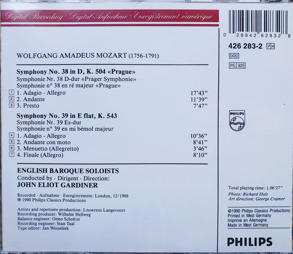 Mozart* - John Eliot Gardiner, The English Baroque Soloists : Symphonies Nos. 38 (Prague) & 39 (CD)