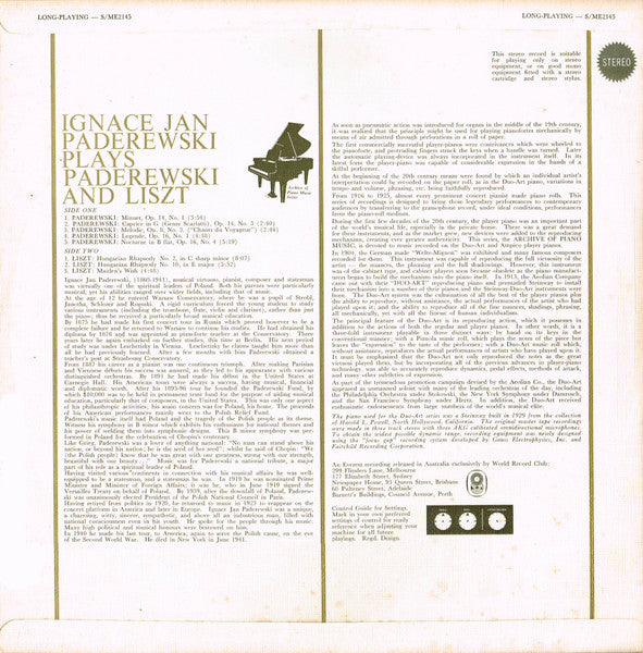 Ignace Jan Paderewski* : Ignace Jan Paderewski Plays Paderewski And Liszt (LP, Album, Club)