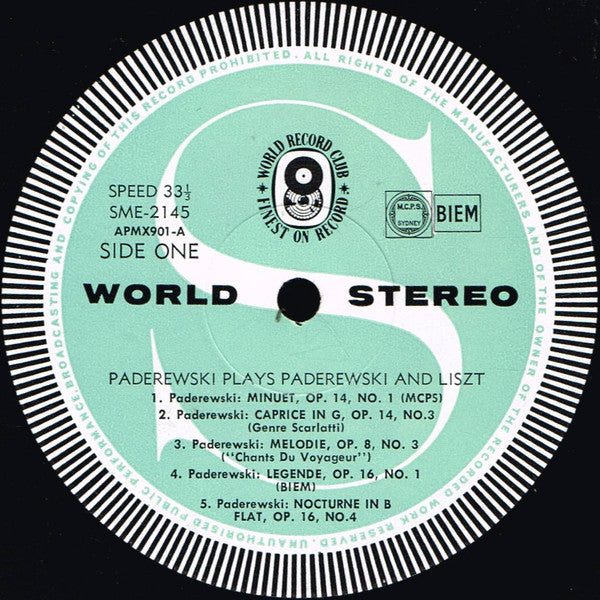 Ignace Jan Paderewski* : Ignace Jan Paderewski Plays Paderewski And Liszt (LP, Album, Club)