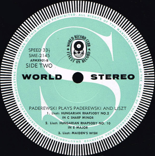 Ignace Jan Paderewski* : Ignace Jan Paderewski Plays Paderewski And Liszt (LP, Album, Club)