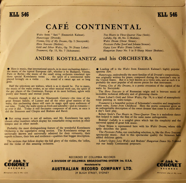 André Kostelanetz And His Orchestra : Café Continental (LP, Album, Mono)