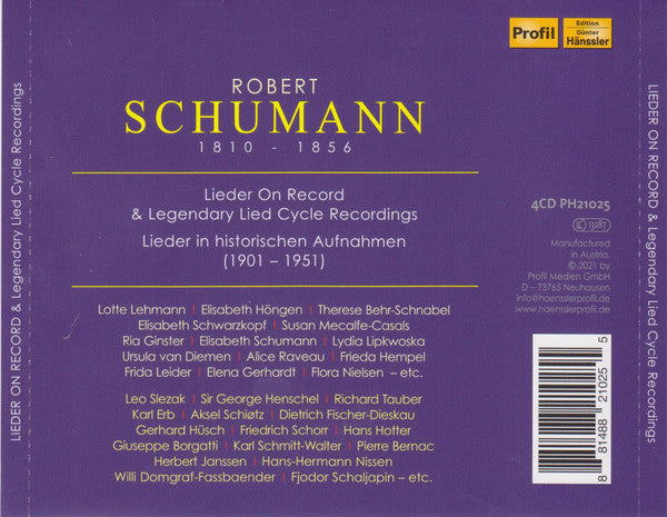 Schumann* - Lotte Lehmann | Elisabeth Höngen | Therese Behr-Schnabel | Elisabeth Schwarzkopf | Susan Metcalfe-Casals | Ria Ginster | Elisabeth Schumann | Leo Slezak | George Henschel | Richard Tauber | Karl Erb | Aksel Schiøtz | Dietrich Fischer-Dieskau | Gerhard Hüsch | Friedrich Schorr : Lieder On Record & Legendary Lied Cycle Recordings Vol. 2 (Lieder In Historischen Aufnahmen (1901-1951) (4xCD, Comp, RM)