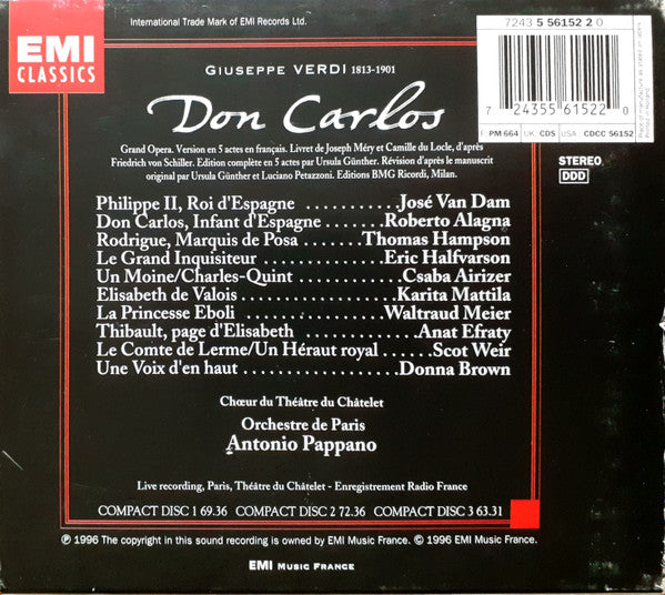Verdi* - Alagna*, Van Dam*, Hampson*, Mattila*, Meier*, Halfvarson*, Orchestre De Paris, Chœur Du Théâtre Du Châtelet*, Pappano* : Don Carlos (3xCD, Album + Box, Sli)