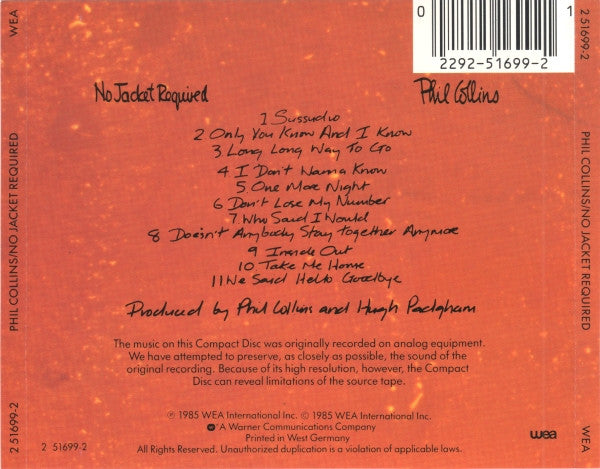 Phil Collins : No Jacket Required (CD, Album, Tar)