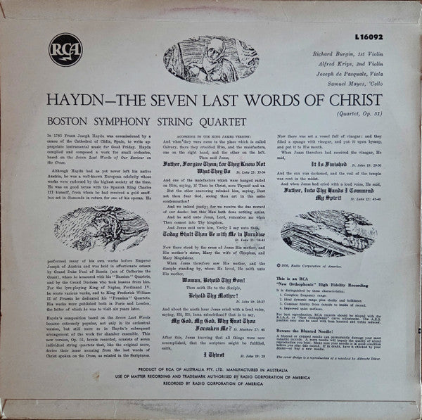 Boston Symphony String Quartet, Joseph Haydn : The Seven Last Words of Christ (LP, Mono)