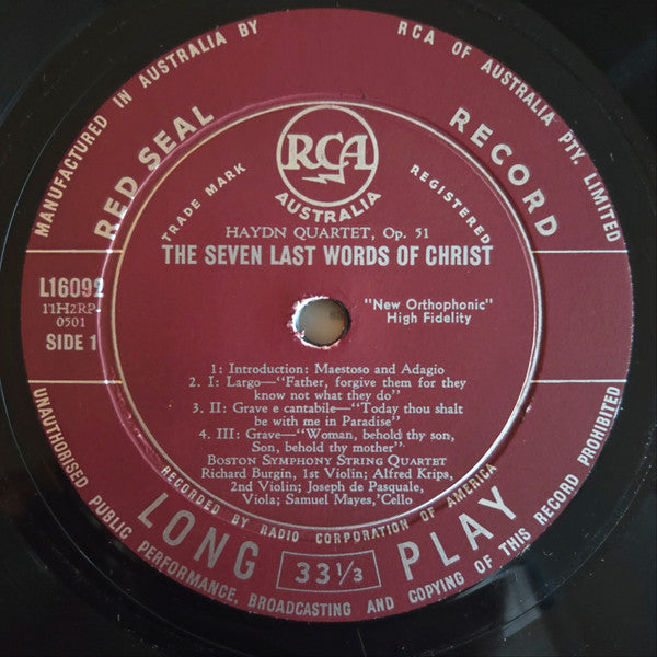 Boston Symphony String Quartet, Joseph Haydn : The Seven Last Words of Christ (LP, Mono)