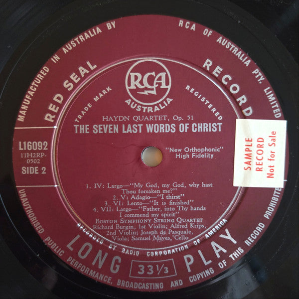 Boston Symphony String Quartet, Joseph Haydn : The Seven Last Words of Christ (LP, Mono)
