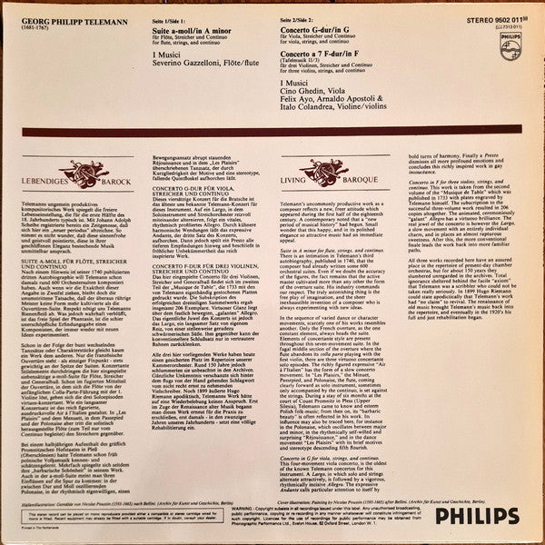 Georg Philipp Telemann – Severino Gazzelloni - Cino Ghedin - Félix Ayo, I Musici : Suite A-Moll = Suite In A Minor / Concerti In G & F (LP)