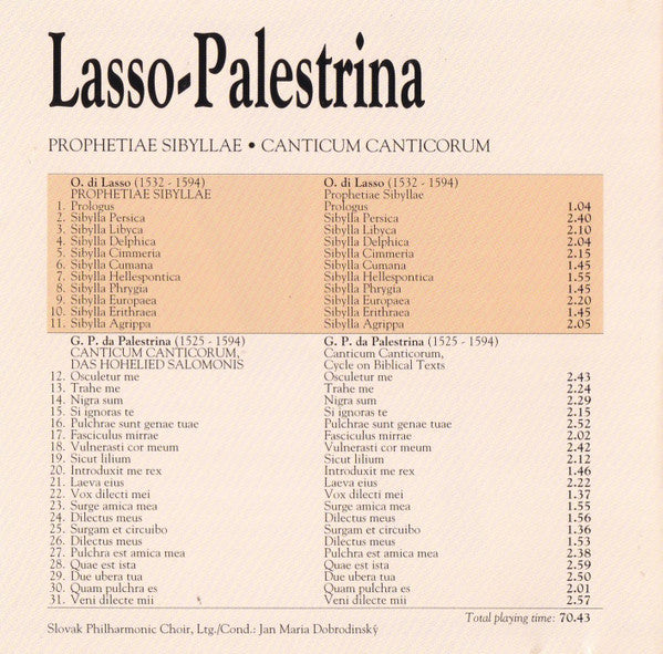 Roland de Lassus, Giovanni Pierluigi da Palestrina - Slovak Philharmonic Chorus, Jan Maria Dobrodinský : Prophetiae Sibyllae • Canticum Canticorum (CD, Album, Comp)