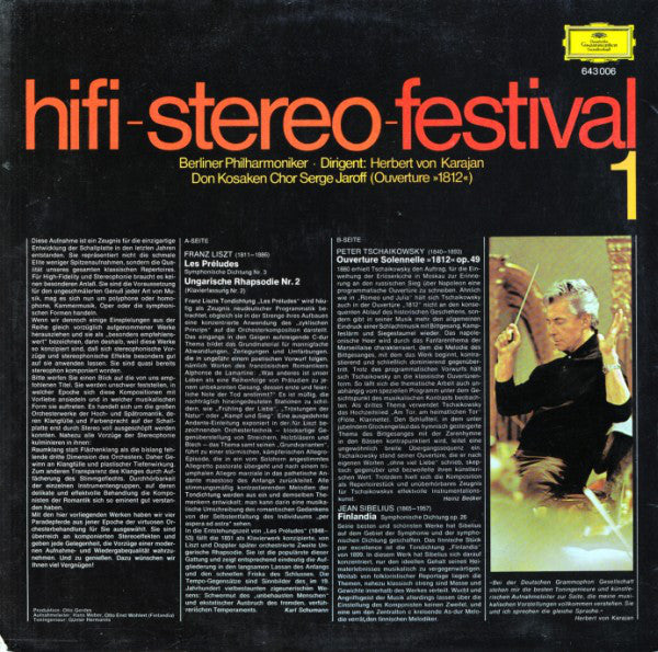 Berliner Philharmoniker, Herbert von Karajan, Liszt* / Tschaikowsky* / Sibelius* : Hifi-Stereo-Festival 1 (LP, Comp)