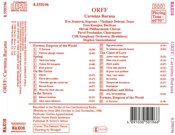 Carl Orff | Eva Jenisová • Vladimír Doležal • Ivan Kusnjer, Slovak Philharmonic Chorus, Slovak Radio Symphony Orchestra, Stephen Gunzenhauser : Carmina Burana (CD, Album)