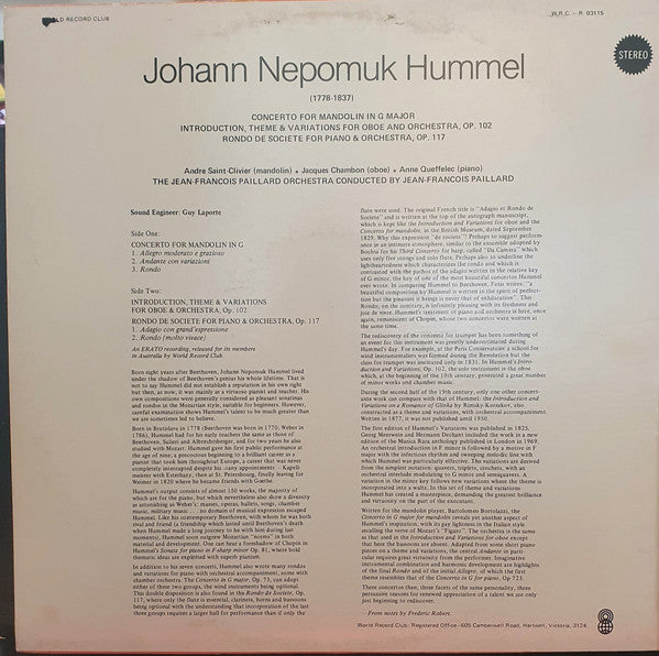 Johann Nepomuk Hummel, Andre Saint-Clivier*, Jacques Chambon, Anne Queffelec*, The Jean -Francois Paillard Orchestra*, Jean-Francois Paillard* : Concerto For Mandolin In G Major / Introduction, Themes & Variations For Oboe And Orchestra, Op. 102 / Rondo De Societe For Piano & Orchestra, Op. 117 (LP, Album, Club)
