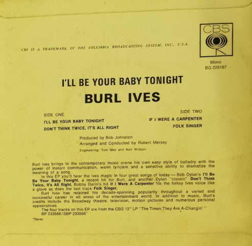 Burl Ives : I'll Be Your Baby Tonight (7", EP, Mono)