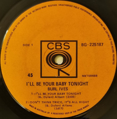 Burl Ives : I'll Be Your Baby Tonight (7", EP, Mono)