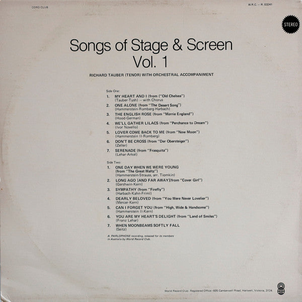 Richard Tauber : Songs Of Stage And Screen Vol. 1 (LP, Comp, Mono, Club, Apr)