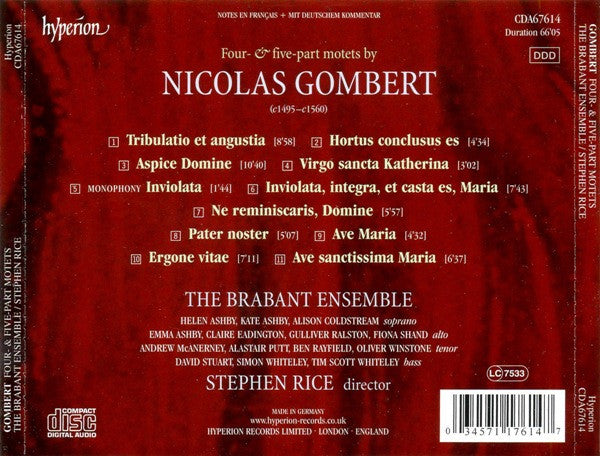 Nicolas Gombert : The Brabant Ensemble / Stephen Rice : Tribulatio Et Angustia (CD)