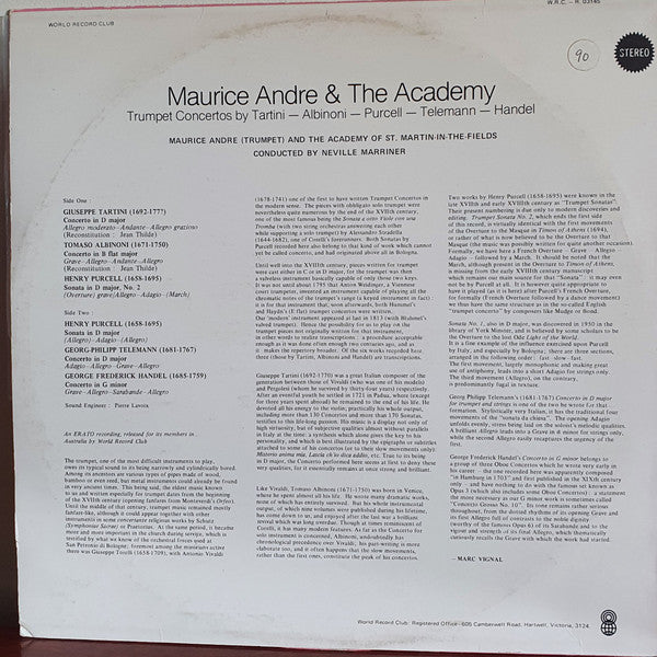 Giuseppe Tartini  -  Tomaso Albinoni  -  Henry Purcell  -  Georg Philipp Telemann  -  Georg Friedrich Händel / Maurice André (Trumpet) And The Academy Of St. Martin-in-the-Fields Conducted By Sir Neville Marriner : Maurice Andre And The Academy  (LP, Album, Club, 1st)
