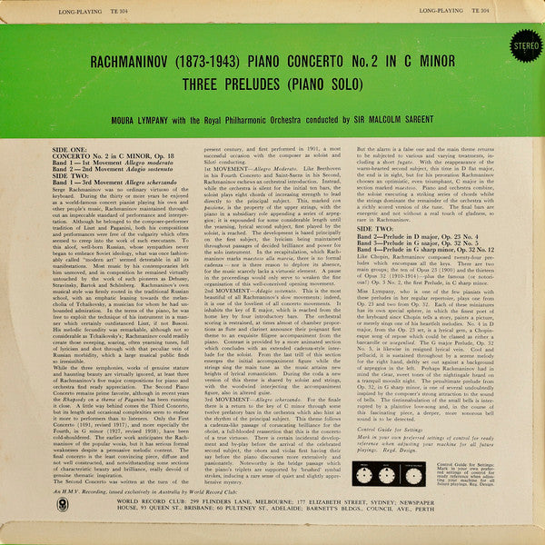 Rachmaninov*, Moura Lympany*, The Royal Philharmonic Orchestra* Conducted By Sir Malcolm Sargent : Piano Concerto No. 2 In C Minor • Piano Preludes Nos. 4, 5 & 12 (LP, Album, Club, RE)