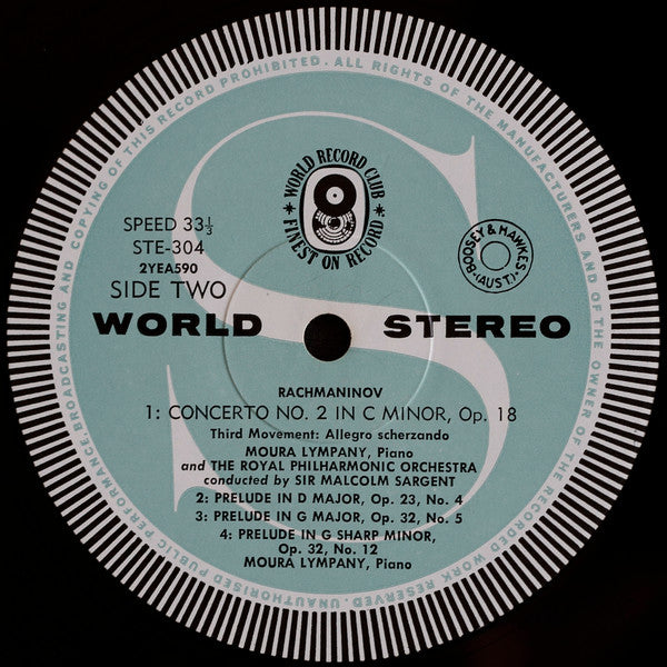 Rachmaninov*, Moura Lympany*, The Royal Philharmonic Orchestra* Conducted By Sir Malcolm Sargent : Piano Concerto No. 2 In C Minor • Piano Preludes Nos. 4, 5 & 12 (LP, Album, Club, RE)