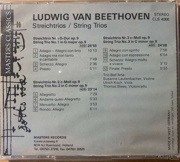 Ludwig van Beethoven - Trio Bell'Arte, Susanne Lautenbacher, Urlich Koch, Thomas Blees : Streichtrios Op. 9 (CD, Album)