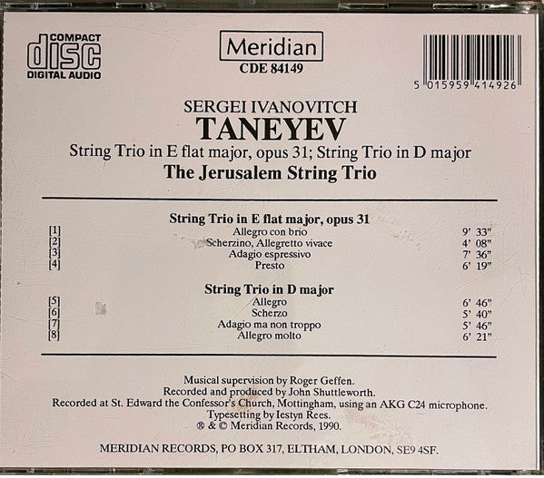 The Jerusalem String Trio, Taneyev* : Taneyev String Trios (CD)