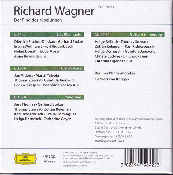 Richard Wagner - Gundula Janowitz · Christa Ludwig · Jon Vickers · Karl Ridderbusch · Berliner Philharmoniker · Herbert von Karajan : Der Ring Des Nibelungen (14xCD, RE, RM + Box, Comp, RE)