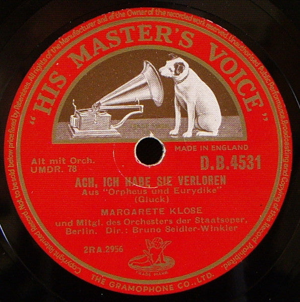 Gluck*, Margarete Klose, Mitgl. Des Orchesters Der Staatsoper, Berlin*, Bruno Seidler-Winkler : Ach, Ich Habe Sie Verloren / So Klag' Ich Ihren Tod (Shellac, 12")