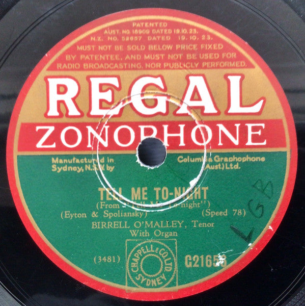 Birrell O'Malley : Tell Me To-night / You Loving Me (Shellac, 10")