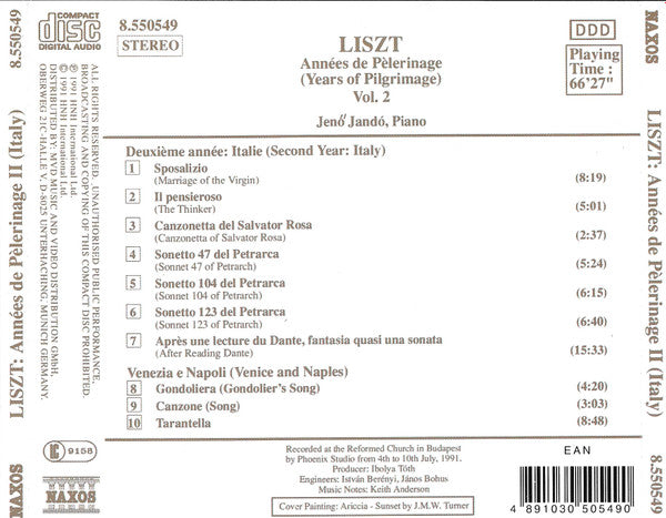 Franz Liszt, Jenö Jandó : Années De Pèlerinage = Years Of Pilgrimage - Vol. 2 (CD, Album)