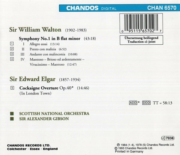 Walton* / Elgar* - Scottish National Orchestra*, Sir Alexander Gibson* : Symphony No. 1 / Cockaigne Overture (In London Town) (CD, Comp, RM)