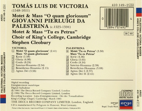 Palestrina* / Victoria*, Choir Of King's College, Cambridge*, Stephen Cleobury : Mass & Motet "Tu Es Petrus" / Mass & Motet "O Quam Gloriosum" (CD)