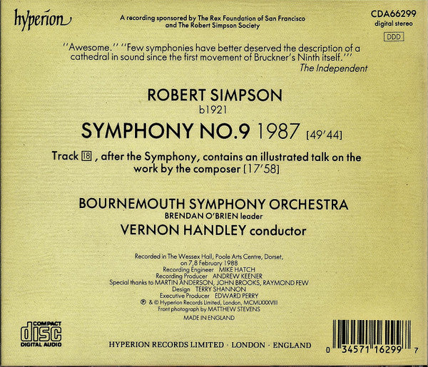 Robert Simpson (6) – Bournemouth Symphony Orchestra, Vernon Handley : Symphony No 9 (CD, Album)