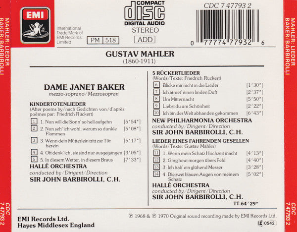 Gustav Mahler, Janet Baker / Hallé Orchestra / Sir John Barbirolli : Dame Janet Baker - Mahler :Lieder Eines Fahrenden Gesellen - Kindertotenlieder - Rückert Lieder (CD, Comp)