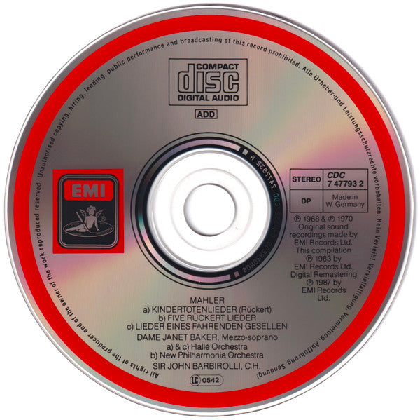 Gustav Mahler, Janet Baker / Hallé Orchestra / Sir John Barbirolli : Dame Janet Baker - Mahler :Lieder Eines Fahrenden Gesellen - Kindertotenlieder - Rückert Lieder (CD, Comp)