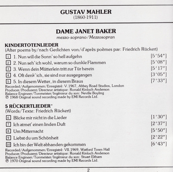 Gustav Mahler, Janet Baker / Hallé Orchestra / Sir John Barbirolli : Dame Janet Baker - Mahler :Lieder Eines Fahrenden Gesellen - Kindertotenlieder - Rückert Lieder (CD, Comp)