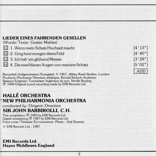 Gustav Mahler, Janet Baker / Hallé Orchestra / Sir John Barbirolli : Dame Janet Baker - Mahler :Lieder Eines Fahrenden Gesellen - Kindertotenlieder - Rückert Lieder (CD, Comp)