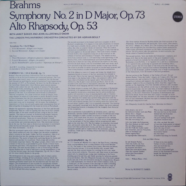 Johannes Brahms : Symphony No. 2 In D Major, Op. 73 / Alto Rhapsody, Op. 53 (LP, Club)
