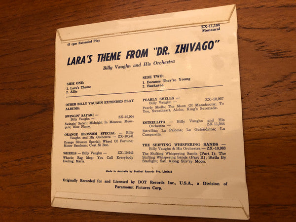 Billy Vaughn And His Orchestra : Lara's Theme From Doctor Zhivago (7", EP)