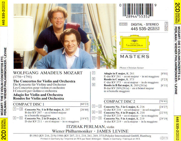 Wolfgang Amadeus Mozart, Itzhak Perlman, James Levine (2), Wiener Philharmoniker : Mozart - The 5 Violin Concertos (2xCD, Comp, RE, PMD)