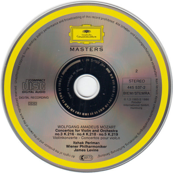 Wolfgang Amadeus Mozart, Itzhak Perlman, James Levine (2), Wiener Philharmoniker : Mozart - The 5 Violin Concertos (2xCD, Comp, RE, PMD)